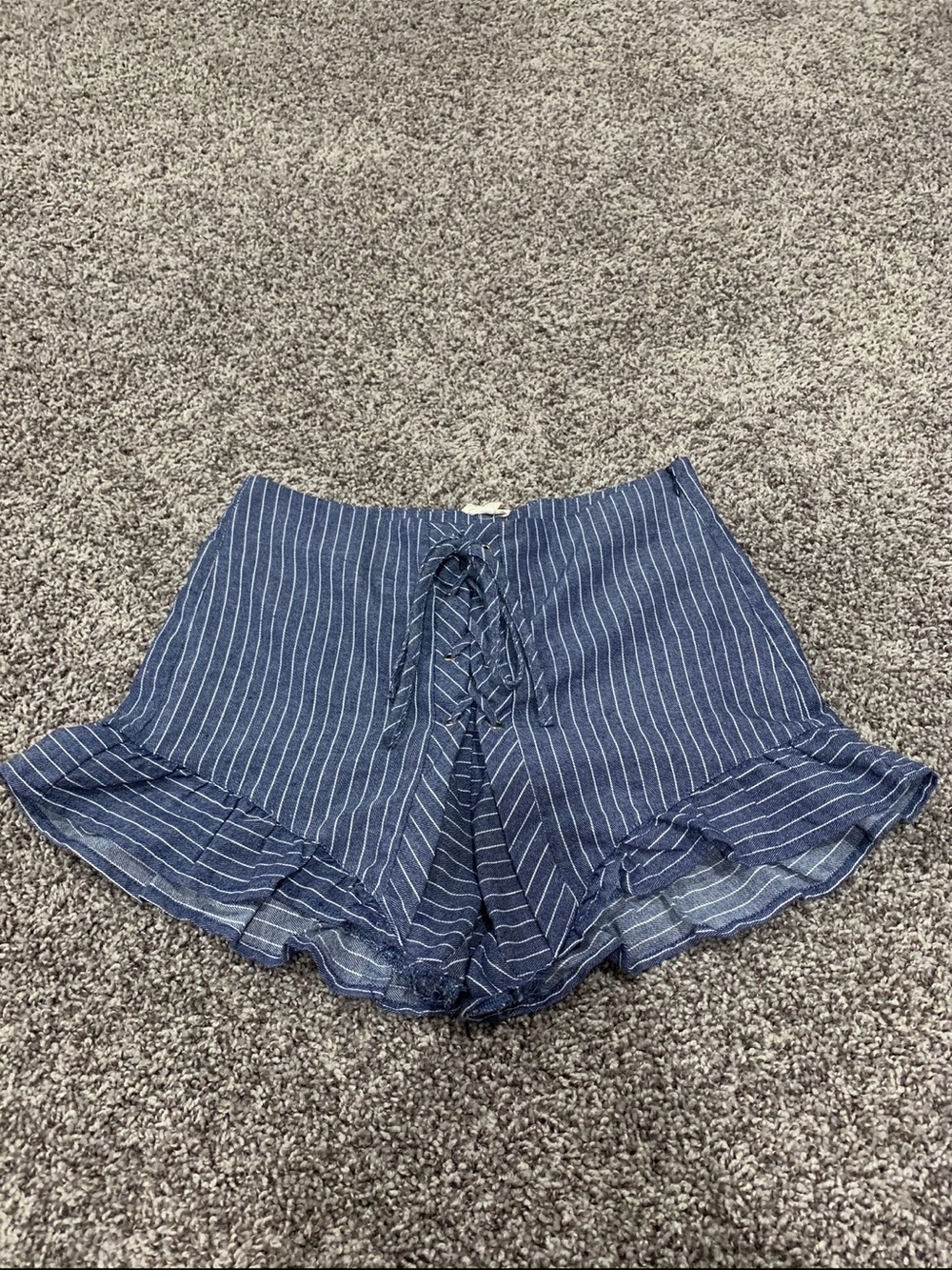 Runway 7 En Creme Blue Pinstripe Lace-Up Ruffle Hem High Waist Shorts